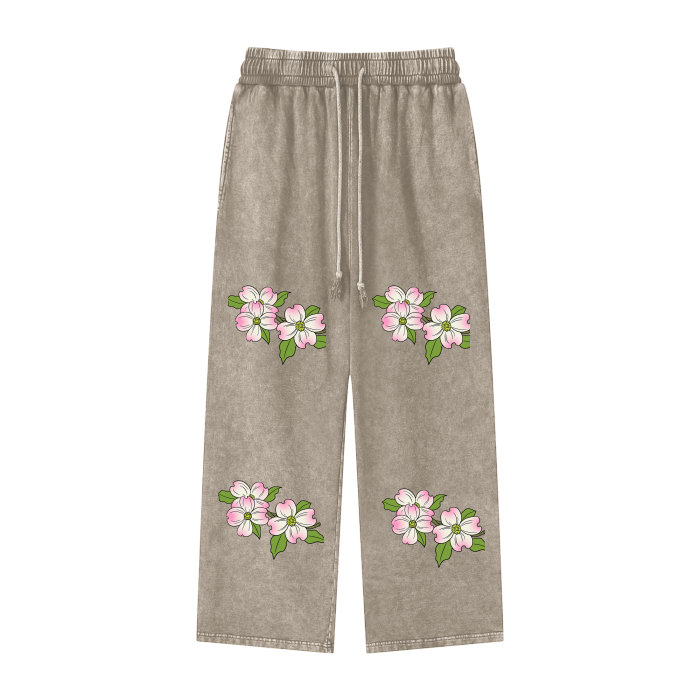 The Ashburn - Acid Wash Dogwood Flowers Wide Leg Pants