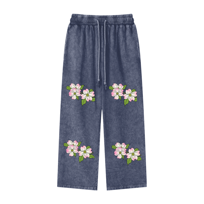 The Ashburn - Acid Wash Dogwood Flowers Wide Leg Pants