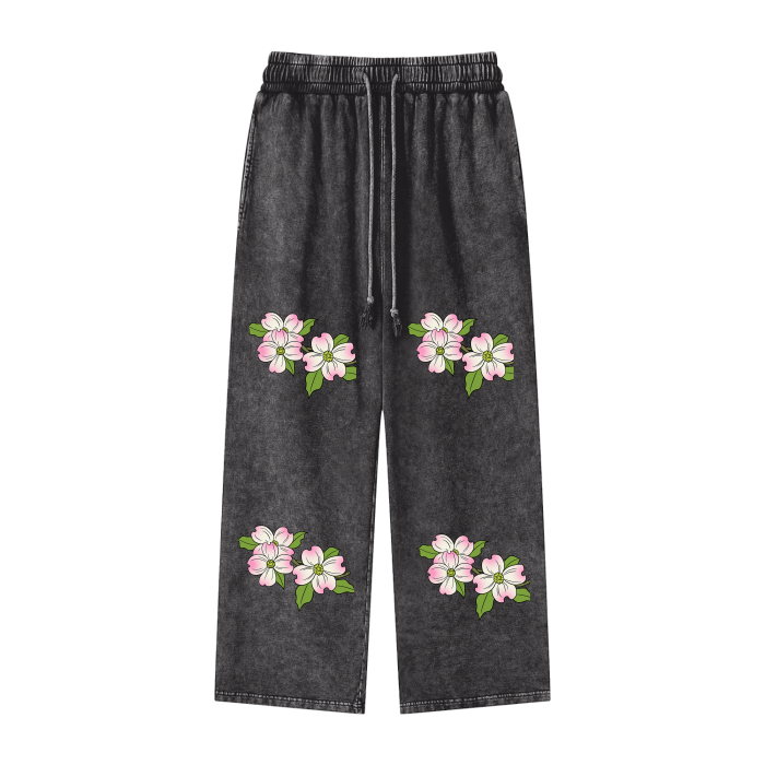 The Ashburn - Acid Wash Dogwood Flowers Wide Leg Pants